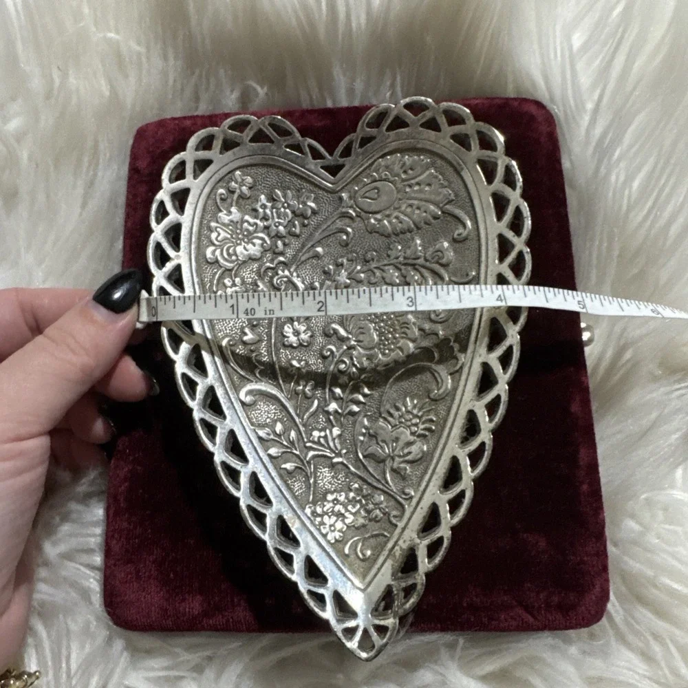 Brighton Vintage Silver Played Heart Shaped Trinket Jewelry Dish Large Floral